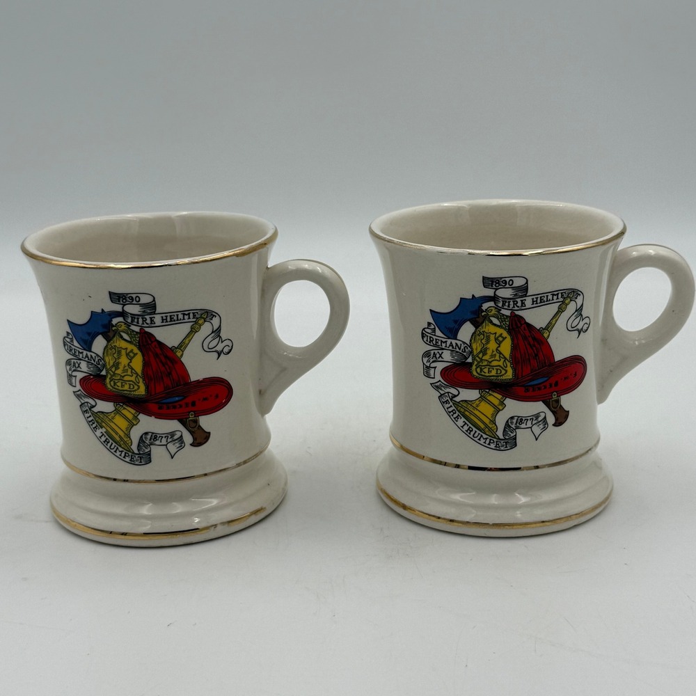 Vintage Firefighter Mustache Cup Set of 2 Gold Trim Ceramic Mugs Japan KFD